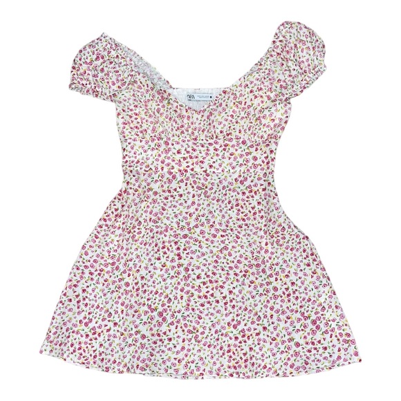 Zara Linen Blend White & Pink Floral Mini Dress Size Medium - Picture 7 of 9